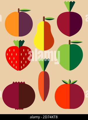 vegetables and fruit on a beige background in the flat style. Vegan food. Stock Vector