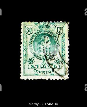 MOSCOW, RUSSIA - NOVEMBER 24, 2017: Rare stamp printed in Spain shows King Alfonso XIII, serie, circa 1909 Stock Photo