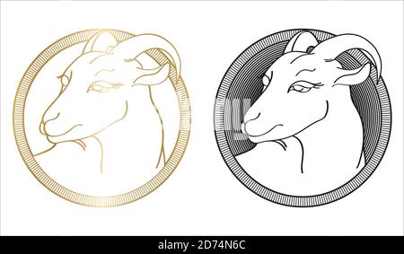 Handdrawn goat in hatched round frame isolated on a white background. Linear silhouette. Vector illustration. Emblem organic farmer cheese, milk Stock Vector