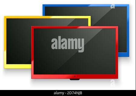 Vector TV led screen isolated background. Red, yellow, blue color modern stylish lcd panel. Computer monitor display mockup set. Blank television grap Stock Vector