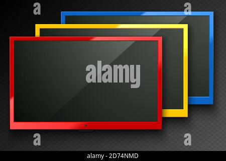 Vector TV led screen isolated background. Red, yellow, blue color modern stylish lcd panel. Computer monitor display mockup set. Blank television grap Stock Vector