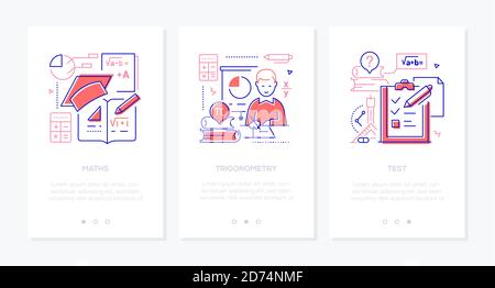 Mathematics - vector line design style web banners with copy space for text. Studying geometry and algebra at school idea. Maths, test and trigonometr Stock Vector