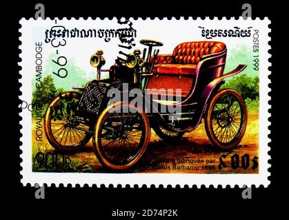MOSCOW, RUSSIA - NOVEMBER 24, 2017: A stamp printed in Cambodia shows Barbarou (1898), Vintage cars serie, circa 1999 Stock Photo