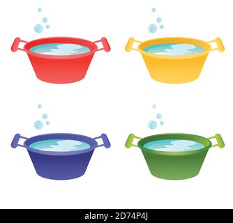 Set of home plastic basins for washing. Collection of various basins for food and home cleaning. Vector illustration isolated on white. Stock Vector