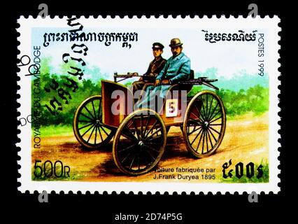 MOSCOW, RUSSIA - NOVEMBER 24, 2017: A stamp printed in Cambodia shows Duryea (1895), Vintage cars serie, circa 1999 Stock Photo