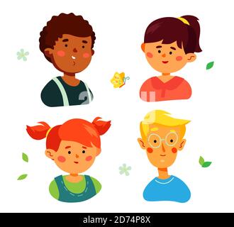 Portraits of happy preschool children - colorful set of characters isolated on white background. Faces of kindergarteners. A collection of two boys an Stock Vector