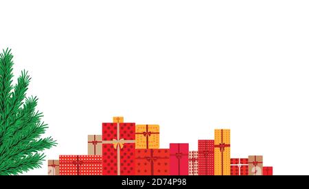 Christmas gifts and spruce branches banner in red  background. realistic gift boxes. Blank space to write cool text. Abstract Design. EPS10 Stock Vector