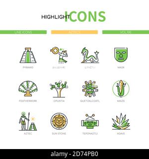 Aztec civilization - modern line design style icons set. Culture, arts and craft, religious signs and symbols, history idea. Pyramid, ballgame, quetza Stock Vector