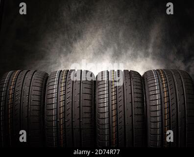 Tire stack background. Stock Photo