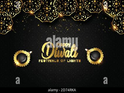 Happy Diwali celebration background. Top view of banner design decorated with illuminated oil lamps on patterned black background. vector illustration Stock Vector