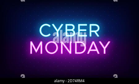 Cyber Monday sale banner in neon style. Promo banner with glowing neon text of Cyber Monday for social media and advertising. Vivid headline and title Stock Vector