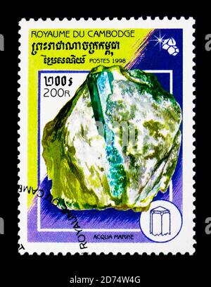 MOSCOW, RUSSIA - NOVEMBER 24, 2017: A stamp printed in Cambodia shows Aquamarine, Minerals serie, circa 1998 Stock Photo
