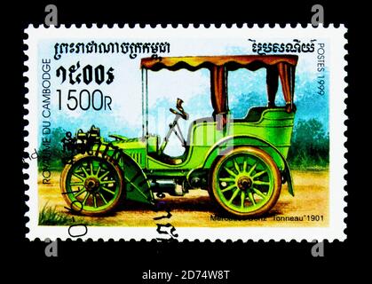 MOSCOW, RUSSIA - NOVEMBER 24, 2017: A stamp printed in Cambodia shows Mercedes-Benz (1901), Vintage cars serie, circa 1999 Stock Photo