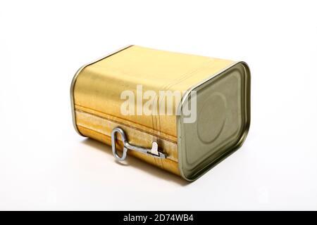 Metal unopened corned beef tin isolated on a white background Stock Photo