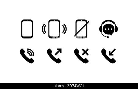 Calling phone icon set in black. Incoming, outcoming, decline and missed call. Vector on isolated white background. EPS 10 Stock Vector