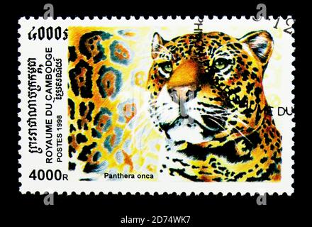 MOSCOW, RUSSIA - NOVEMBER 24, 2017: A stamp printed in Cambodia shows Jaguar (Panthera onca), Wild cats serie, circa 1998 Stock Photo