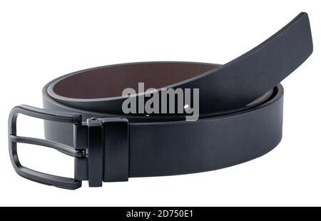 Fastened fashionable men's leather belt with dark matted metal buckle isolated on white background. Stock Photo