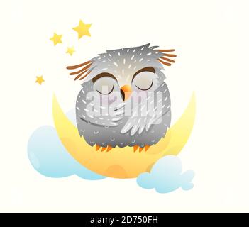 Baby animal owl sleeping at night sitting on the moon with stars in the sky. Cute clipart for newborn children. Stock Vector