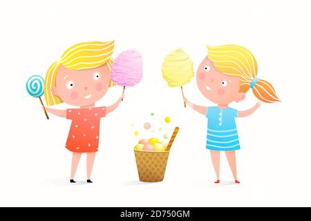 Cute little Girls eating cotton candy, ice cream and sweets in the street. Adorable children friends watercolor style vector. Stock Vector