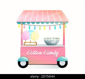 Street market stand with cotton candy, trade stall with sweet food for children, kids sweets shop cartoon design. Stock Vector