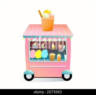 Street market vendor kiosk with cotton candy, ice cream, and desserts. Street fair or carnival vendor from the truck, selling sweets for children. Stock Vector