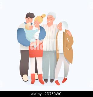 Young mother and father, grandfather and grandmother big family hugging together with a bonding baby child. Stock Vector