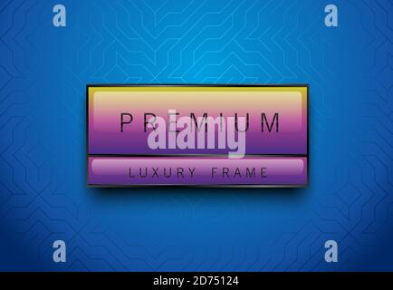 Premium rainbow color label with black frame on classic blue geometric background. Glossy luxury logo template. Vector illustration. Stock Vector