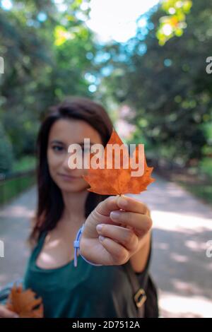 Young woman holding orange fallen leaf in a park - Autumn fall colorful season Stock Photo