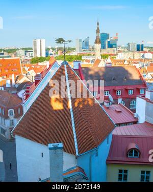 Cityscape of Tallinn Old Town at sunset, Estonia Stock Photo