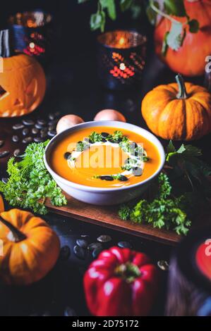 Pumpkin Soup with decoration Stock Photo