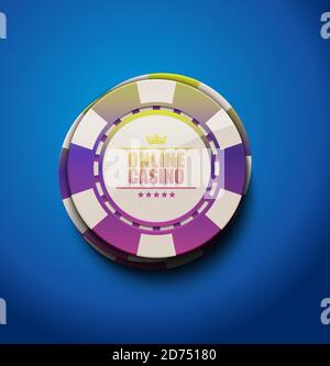 Vector rainbow color glossy casino poker chips, top view. Blue background. Online casino, blackjack poster. Stock Vector