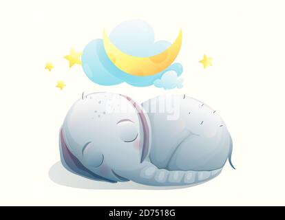 Little baby elephant sleeping eyes closed, happy smiling in the dream. Sweet animal cub on the moon dreaming. Stock Vector