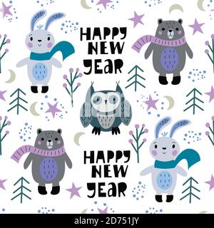 Seamless pattern of New Years animals - bear, bunny, owl, christmas tree,stars, moon, inscription, in vector graphics. For the design wrapping paper Stock Vector