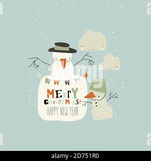 Funny cartoon snowmans celebrating winter holidays. Merry Christmas Stock Vector