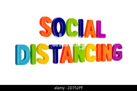 Text SOCIAL DISTANCE on a white background. A call for people to maintain social distance during the global pandemic. COVID-19 is the official new nam Stock Photo