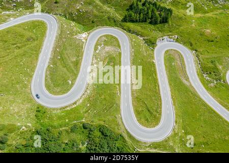 Amazing aerial view over curves of Julier mountain pass, Switzerland Stock Photo