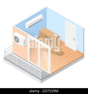 Air conditioner in empty room with balcony. Vector isometric illustration of home or office with condition system. Concept of install ventilation aircon in house or apartment Stock Vector