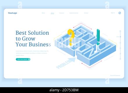 Best solutions for business grow isometric landing page with maze and question or exclamation marks inside, labyrinth challenge, aim achievement strategy, professional problem solve, 3d web banner Stock Vector