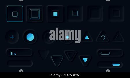 Control buttons with neon backlight. Media player interface, music or video bar, Ui navigation switchers of round, square and triangle shapes, volume, equalizers or sliders, Realistic 3d vector set Stock Vector