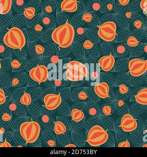 orange physalis seamless vector pattern on a teal background Stock Vector