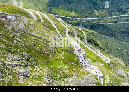 Aerial view of the Belvedere Hotel and the Furka Pass road, Obergoms, Canton of Valais, Swiss Alps, Switzerland Stock Photo