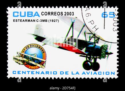 MOSCOW, RUSSIA - NOVEMBER 25, 2017: A stamp printed in Cuba shows Stearman C-3MB, Powered Flight serie, circa 2003 Stock Photo