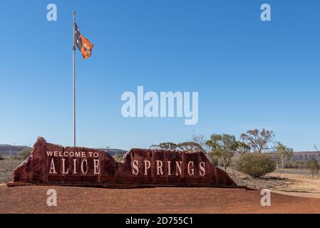 Alice Springs, Northern Territory, Australia - The welcome sign on the outskirts of Alice Springs in the Northern Territory of Australia. Stock Photo