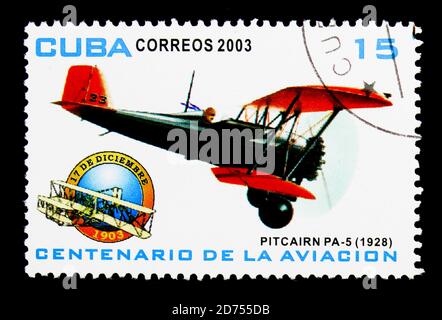 MOSCOW, RUSSIA - NOVEMBER 25, 2017: A stamp printed in Cuba shows Pitcairn PA-5, Powered Flight serie, circa 2003 Stock Photo