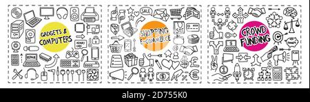 Gadgets and Computers, Shopping and Crowd Funding doodle icons set Stock Vector