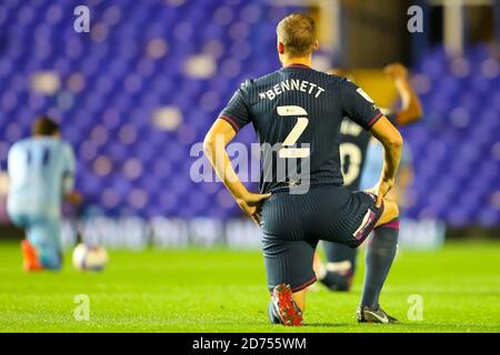 Birmingham, UK. 20th Oct, 2020. Debutant Ryan Bennett of Swansea City (recently signed from Wolverhampton Wanderers) takes the knee before the Sky Bet Championship match between Coventry City and Swansea City at St Andrews, Birmingham, England on 20 October 2020. Photo by Nick Browning/PRiME Media Images. Credit: PRiME Media Images/Alamy Live News Stock Photo