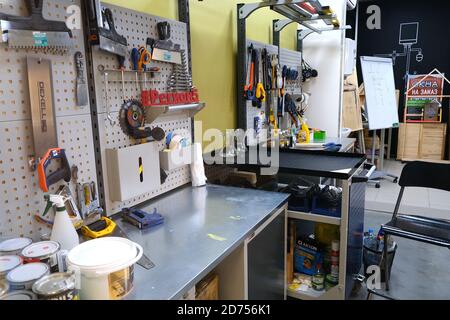 Repair school, carpenter's workbench and tools. Saint-Petersburg. Russia. October 20 2020 Stock Photo