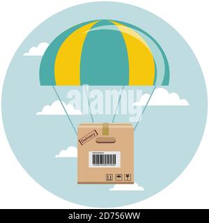 package flying down from sky with parachute, concept for delivery service Stock Vector