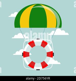 Life buoy with parachute in the sky. Stock Vector