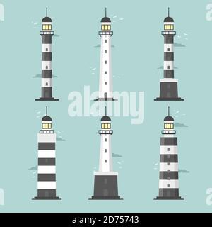 Lighthouses. Set of of large lighthouses over blue background Stock Vector